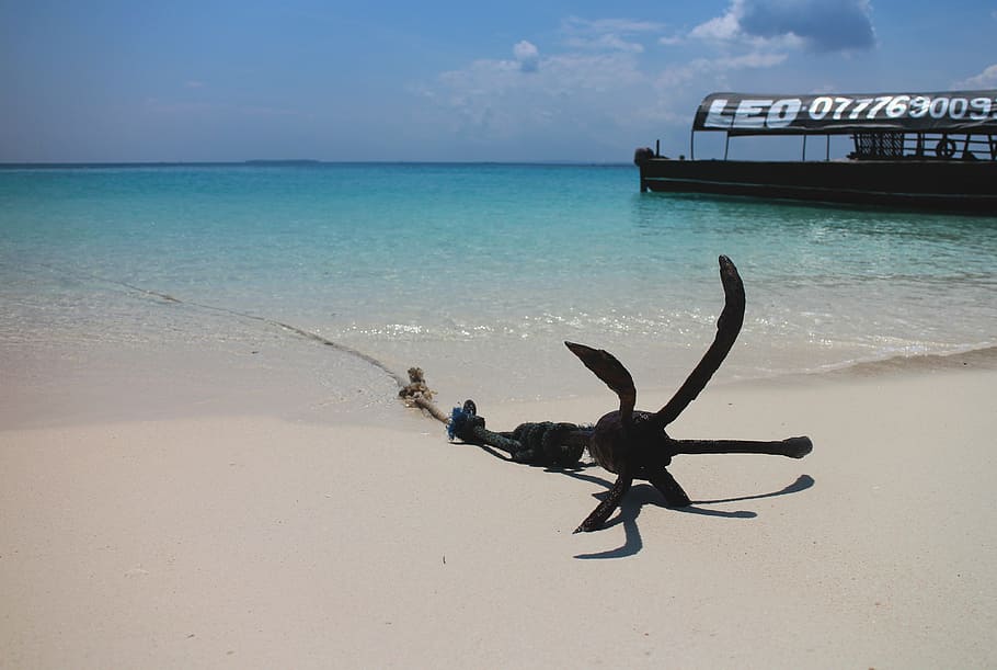 black anchor at shore, boot, ship, beach, sand, sand beach HD wallpaper