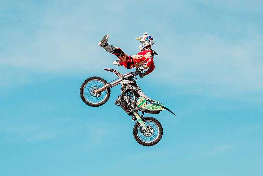 man doing air stunt on motocross dirt bike, fmx, extreme, motorcycle, HD wallpaper