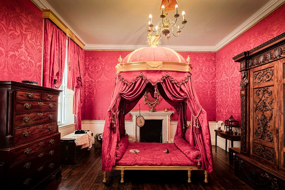 photo of empty pink canopy bed, pink canopy bed between cabinet and drawer HD wallpaper