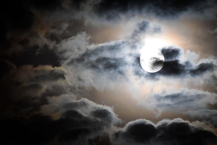 full moon and black clouds, moonlight, sky, night, dark, nature HD wallpaper