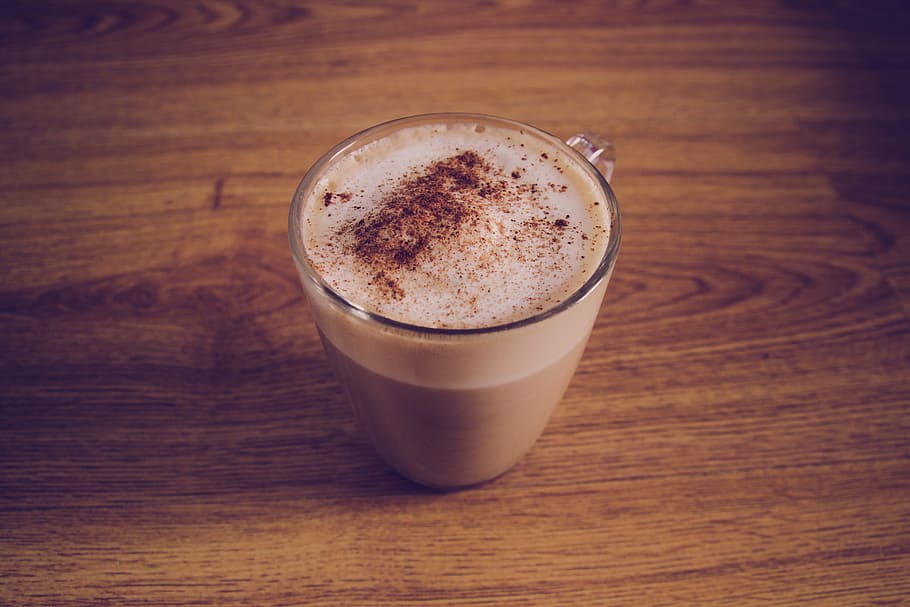 brown liquid in clear glass mug, coffee, latte, drink, refreshment