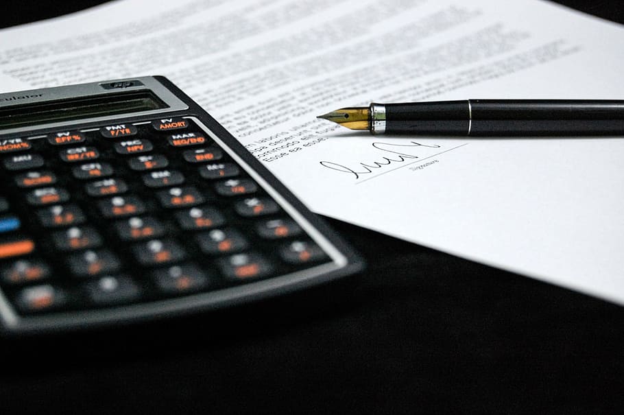 black desk calculator beside black fountain pen, document, agreement HD wallpaper