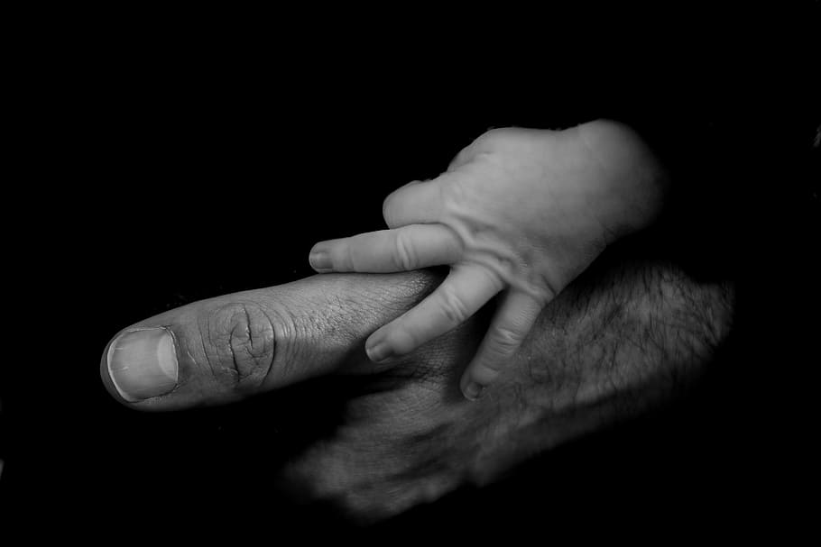 grayscale photo of baby holds man's hand, child, father, people, HD wallpaper