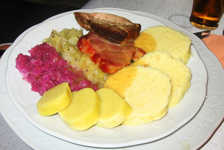 food, pork, dumpling, cabbage, plate, table, food and drink HD wallpaper