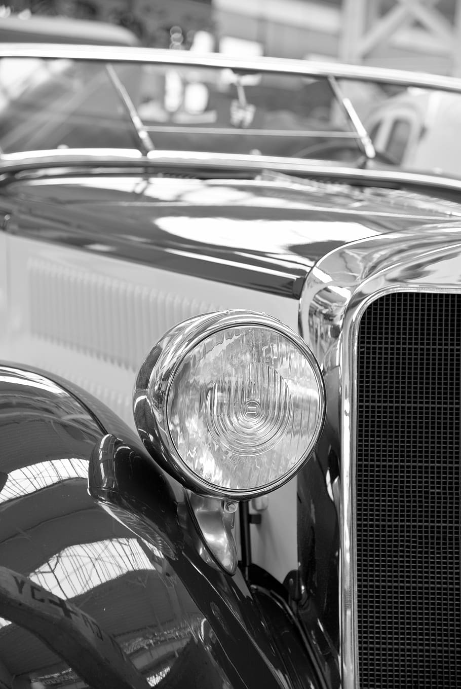 grayscale photography of car, spotlight, oldtimer, auto, automotive HD wallpaper
