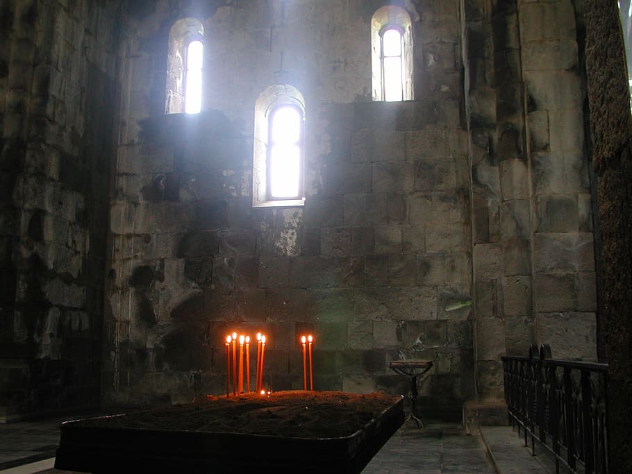 church, mystical, temple, building, candles, wax, flame, church window HD wallpaper
