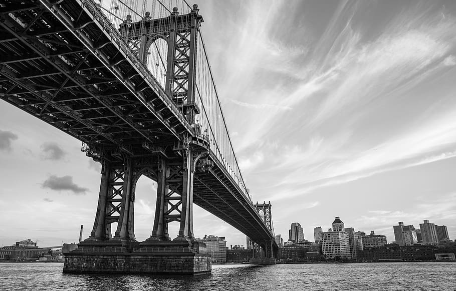 grayscale photo of Brooklyn Bridge New York, grayscale photo of suspension bridge HD wallpaper