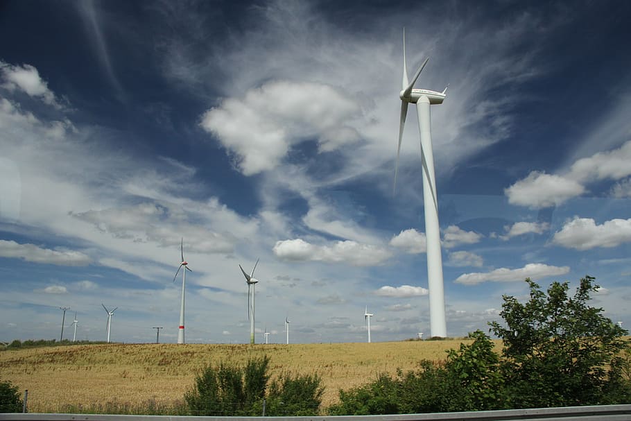summer, wind farm, meadow, wind turbine, wind power, renewable energy HD wallpaper