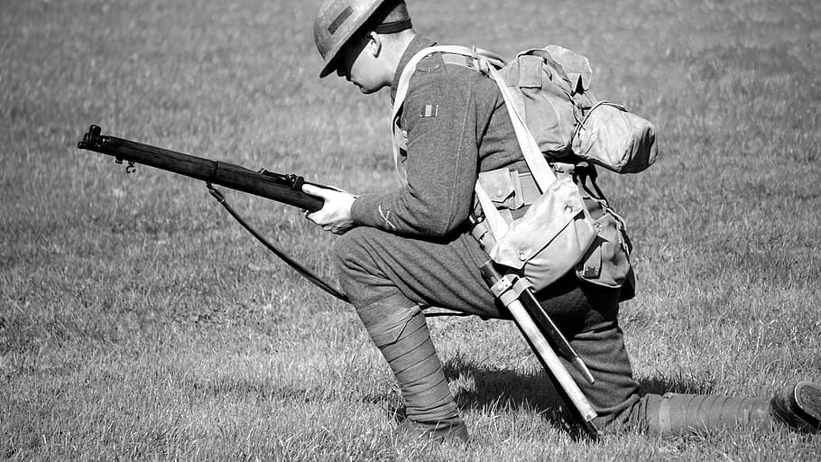 Man in Soldier Suit Holding Gun Knees Down in the Ground, army