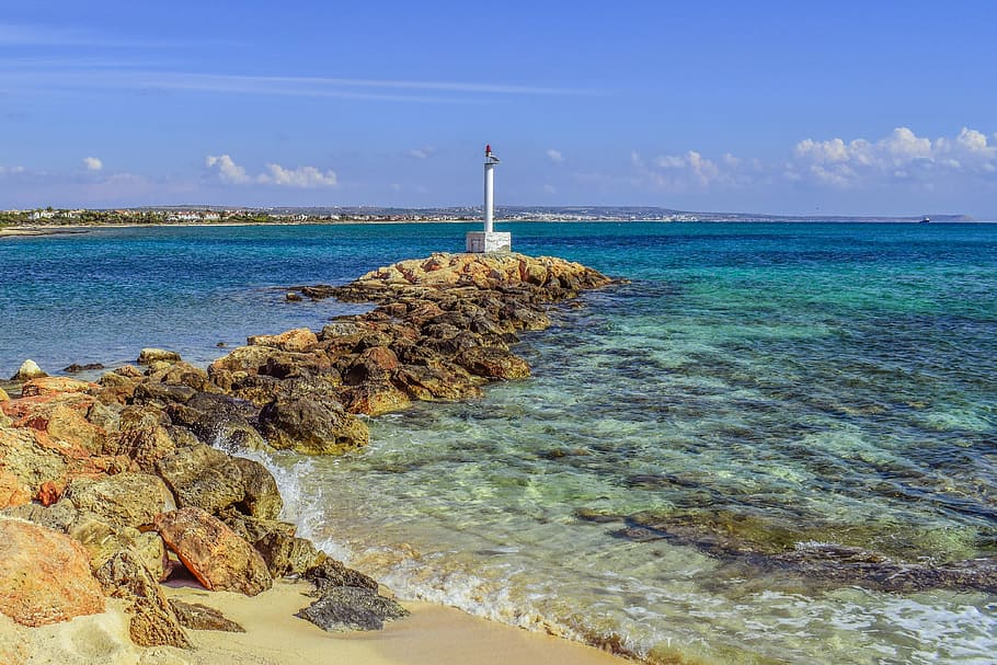 beach, coast, sea, beacon, landscape, potamos liopetri, cyprus HD wallpaper