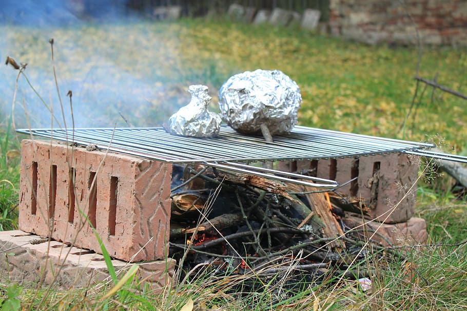 meat, foil, fire, grill, grilling, wood, ash, flame, heat, toasting HD wallpaper