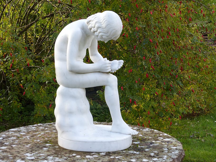 statue, table, concrete, garden, shrubs, rose hips, boy, human representation HD wallpaper