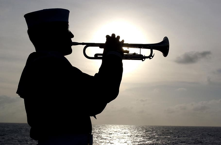 HD wallpaper: silhouette photography of navy blowing trumpet, trumpeter,  sailor