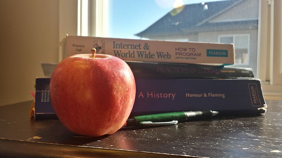 Textbook, Apple, Pencil, Study, Home, snack, education, learn HD wallpaper