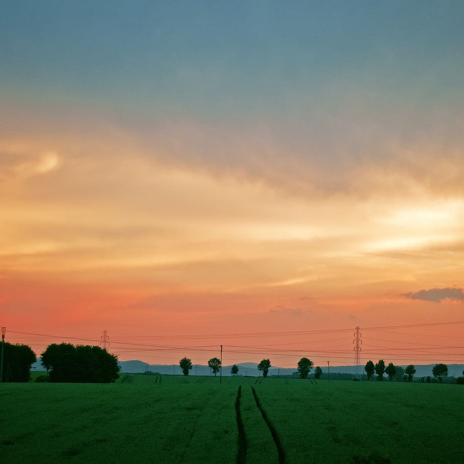 green field under cloudy sky, landscape, evening, meadow, spring HD wallpaper