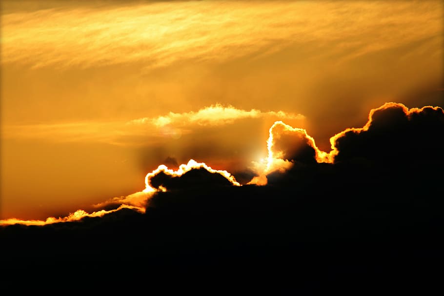 yellow sunlight covered by clouds, sunset, holiday, sky, blue HD wallpaper