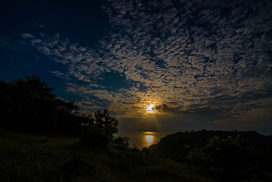 sunset, sea, hill, ocean, water, nature, sky, beach, landscape HD wallpaper