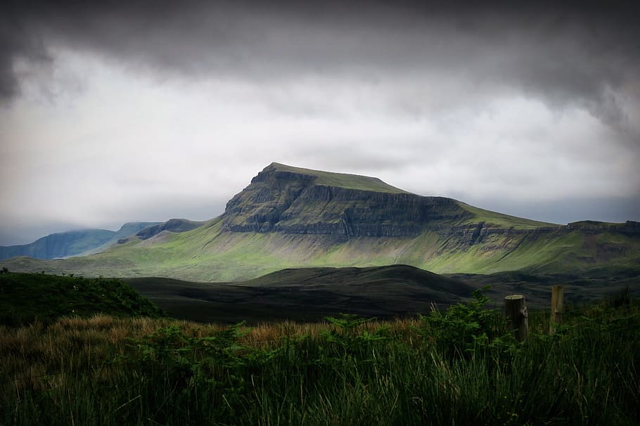 green mountain under cloudy sky ], brown mountain cover by green grass under white clouds HD wallpaper