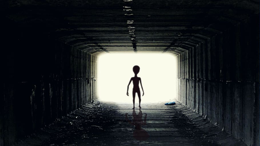 silhouette of a humanoid in a tunnel, alien, walking on, pathway