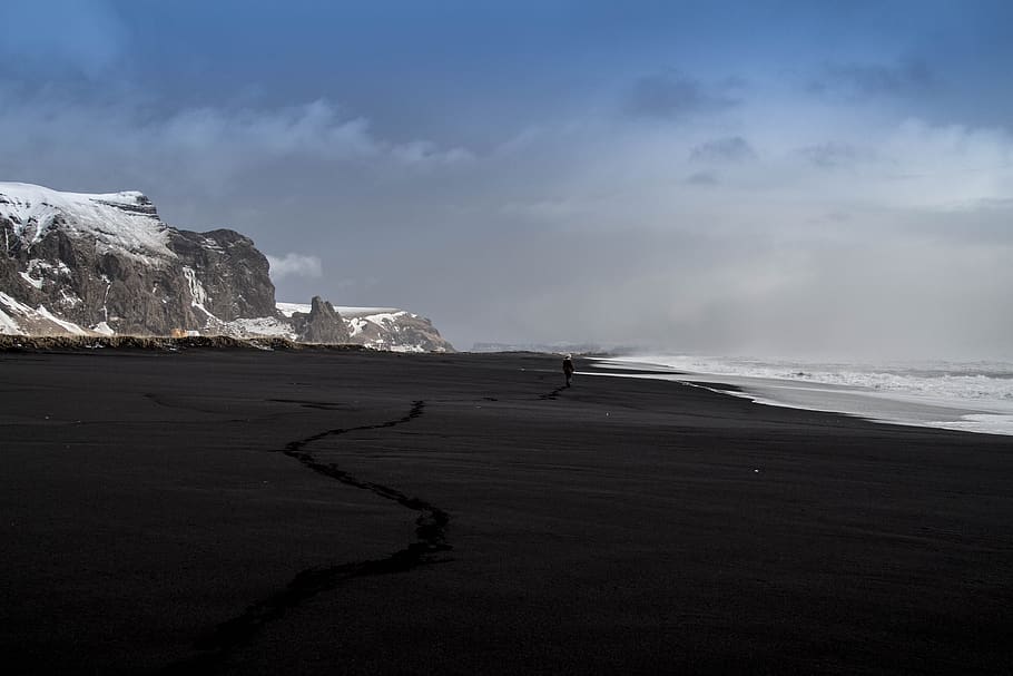 beach, winter, sand, snow, cliffs, cold, frost, season, person HD wallpaper