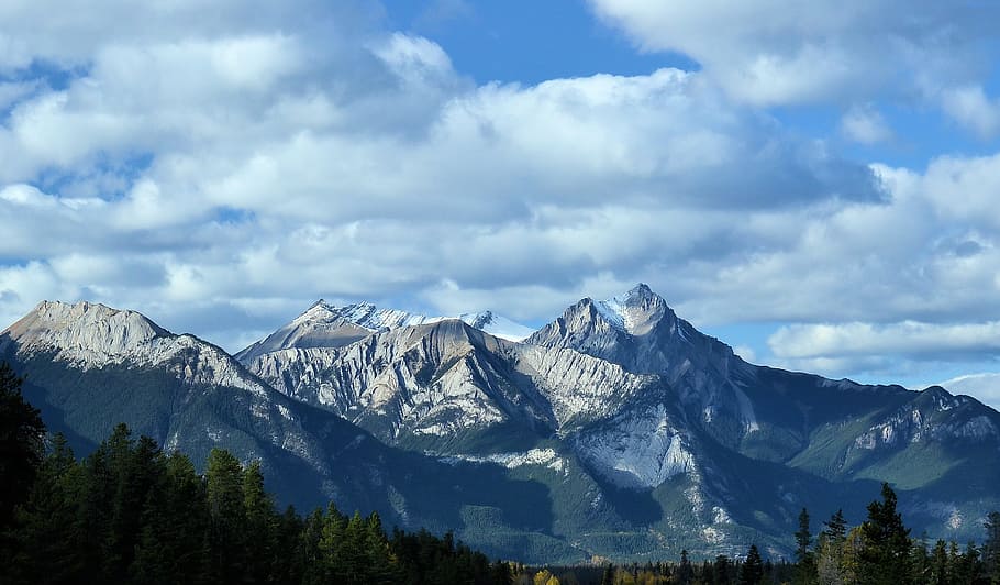 mountain and trees under clouds, october, fall, nature, snow HD wallpaper