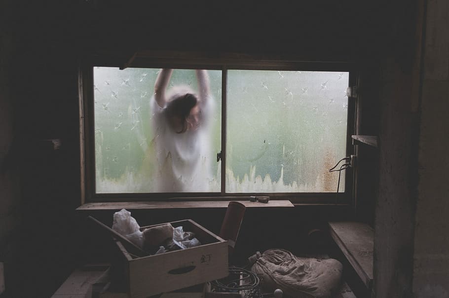 woman in white top standing in front of glass window, people HD wallpaper