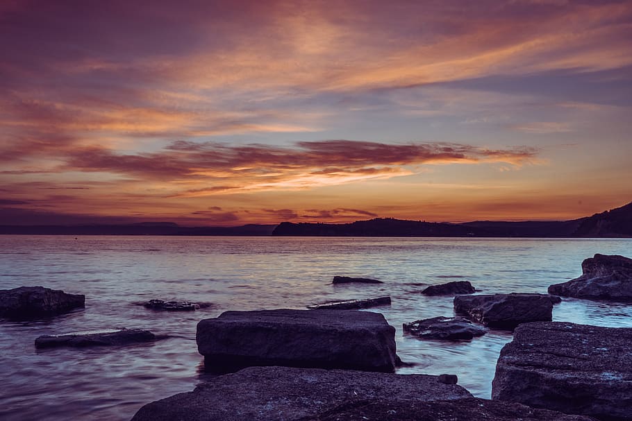 sunset, seaside, sunrise, water, sky, rock, cloud - sky, scenics - nature HD wallpaper