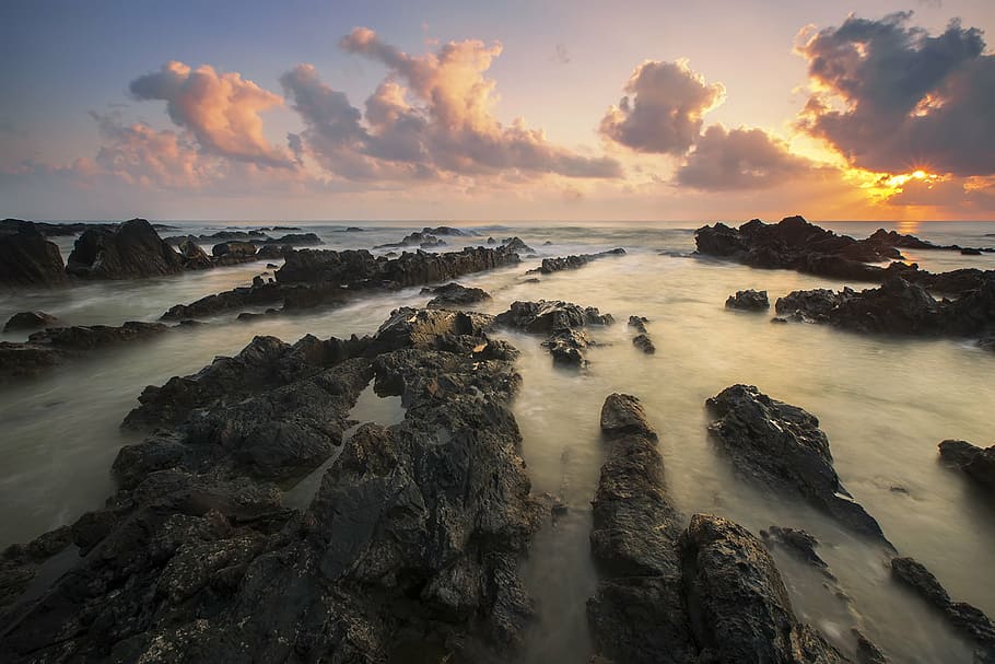 scenery of ocean, sea, splash, ripples, rock, formation, landscape HD wallpaper