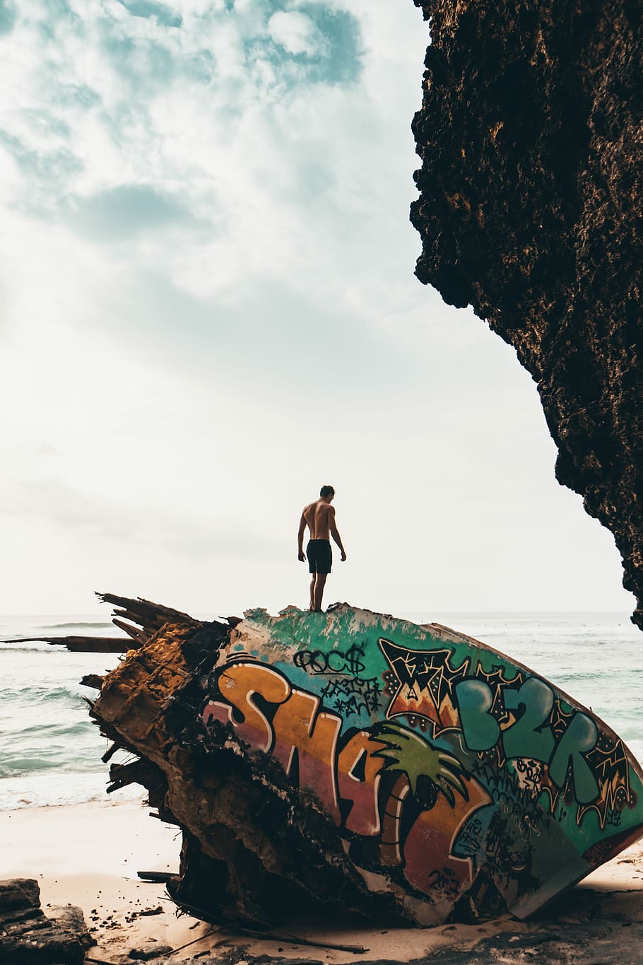 man standing on rock near beachline, man wearing black shorts standing on big rock near body of water under white sky during daytime HD wallpaper