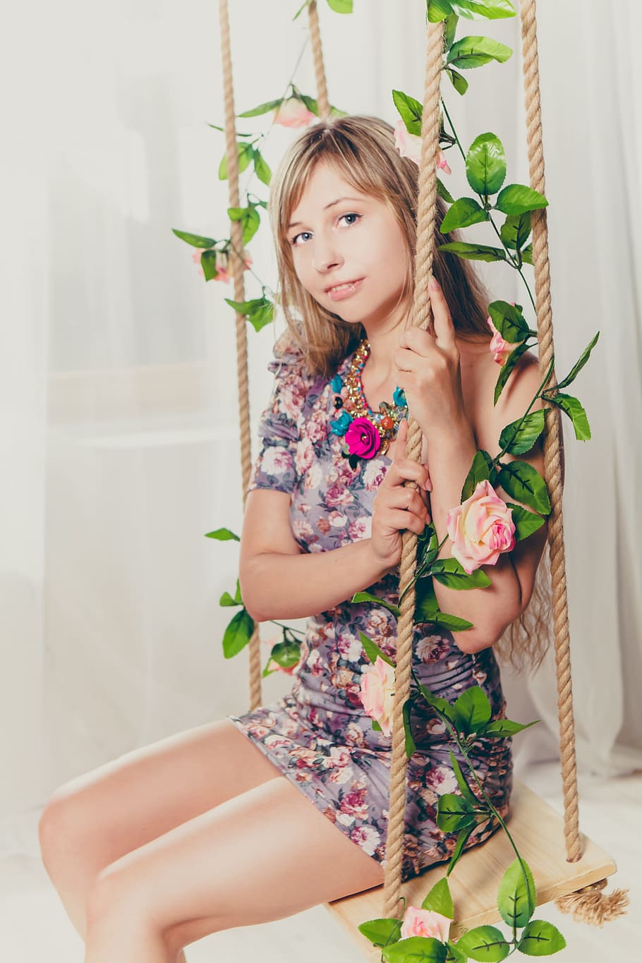 swing, girl, studio, legs, short dress, bodycon dress, flowers HD wallpaper