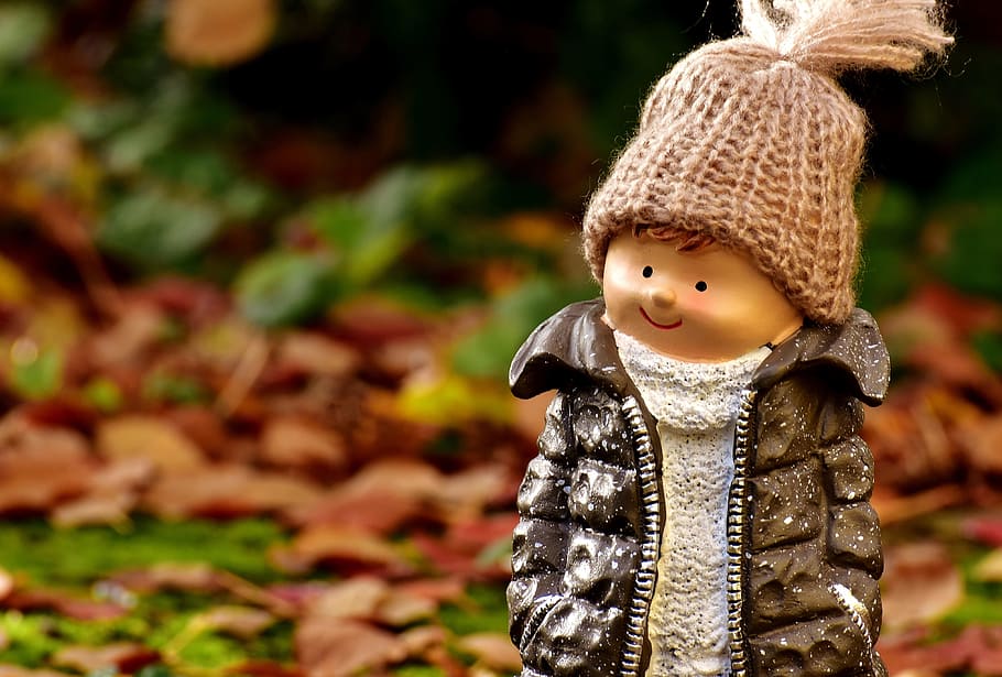 boy in brown zip-up jacket toy on dried leaves, figure, deco HD wallpaper