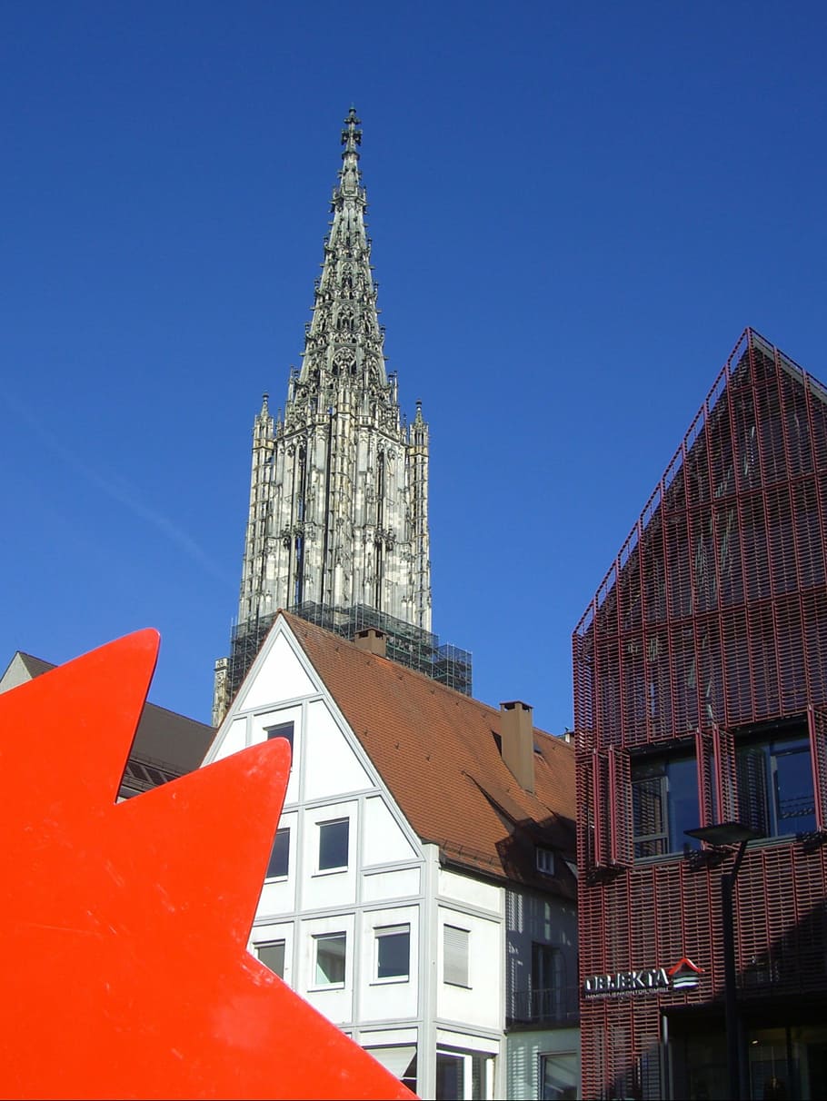 ulm cathedral, bowever, new road, architecture, tower, red dog, HD wallpaper