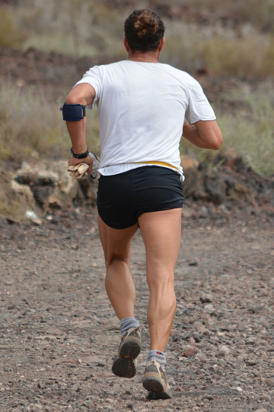 man in white t-shirt and black shorts running on ground, walk HD wallpaper