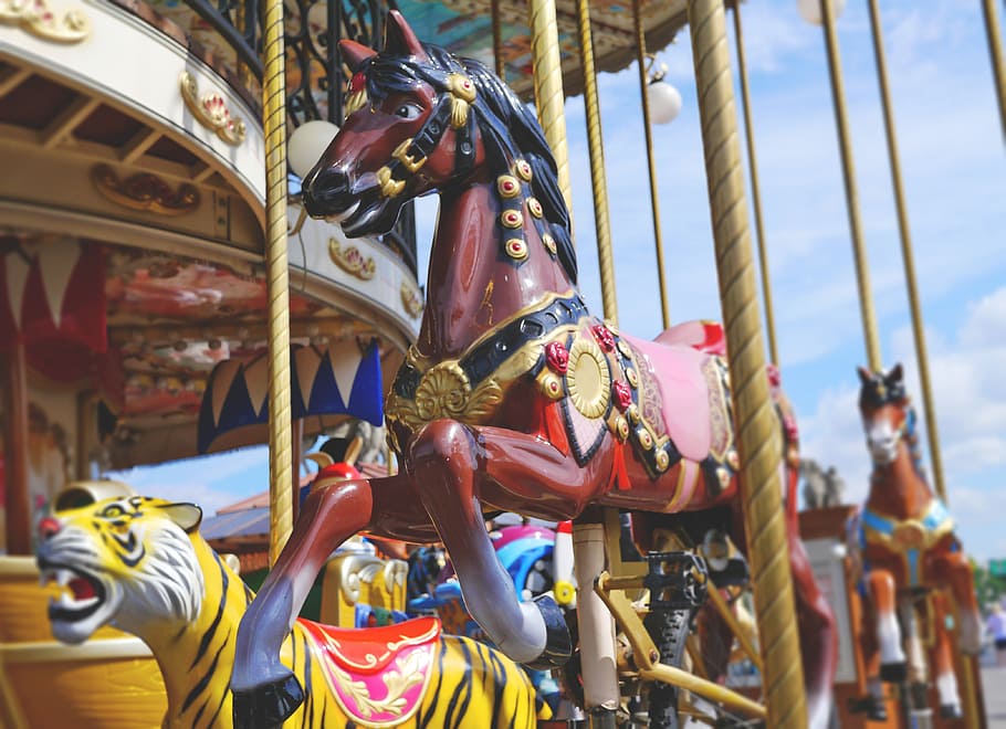 carousel during day time, horse, fun, children, year market, fair, HD wallpaper