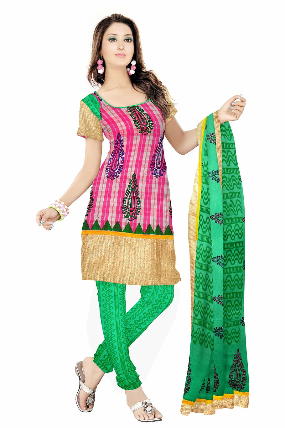 woman in pink, green, and beige kameez dress, Indian Clothing