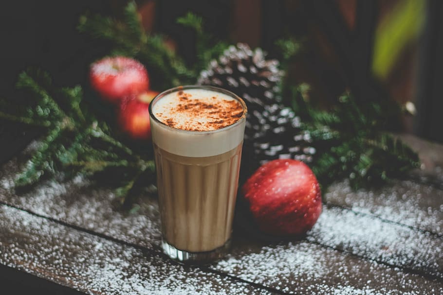 glass filled with cappucino near apple, drinks, beverage, cold HD wallpaper