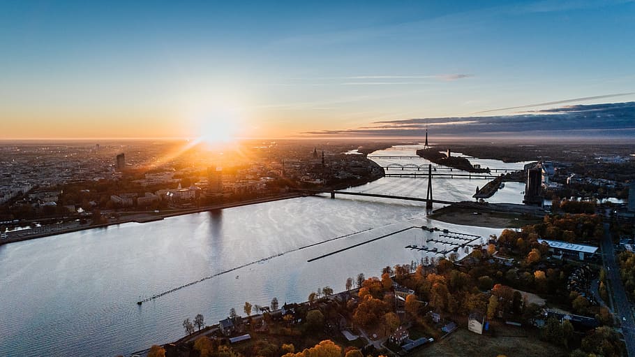 rive and bridges, riga, latvia, drone, multicopter, helicopter, HD wallpaper