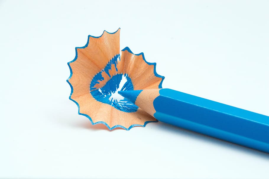 blue color pencil on white background, colorful, colored pencils