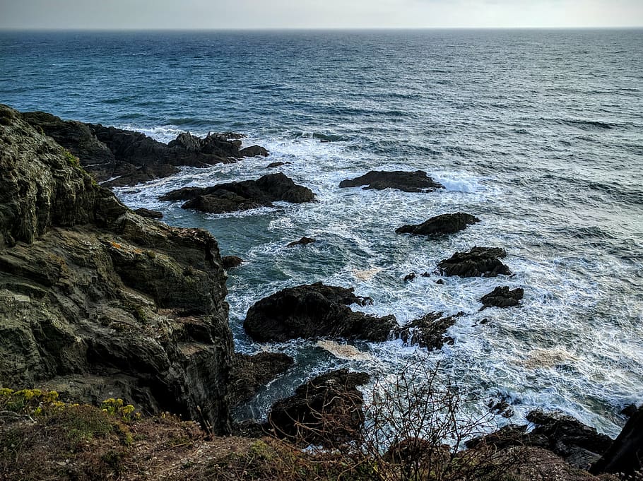 sea, coast, cornwall, rocks, cliff, water, rock - object, solid HD wallpaper
