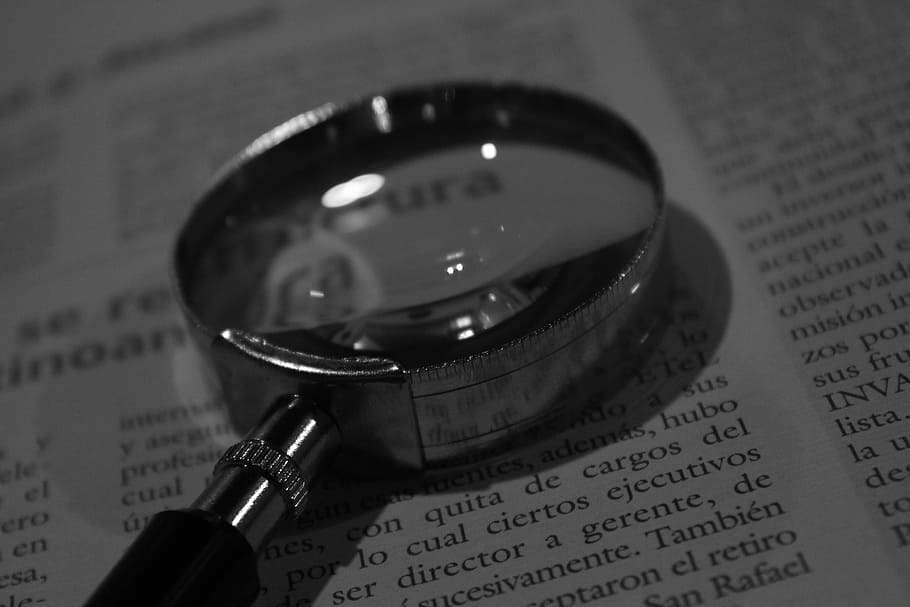 grey magnifying glass on white book, increase, reading, text HD wallpaper