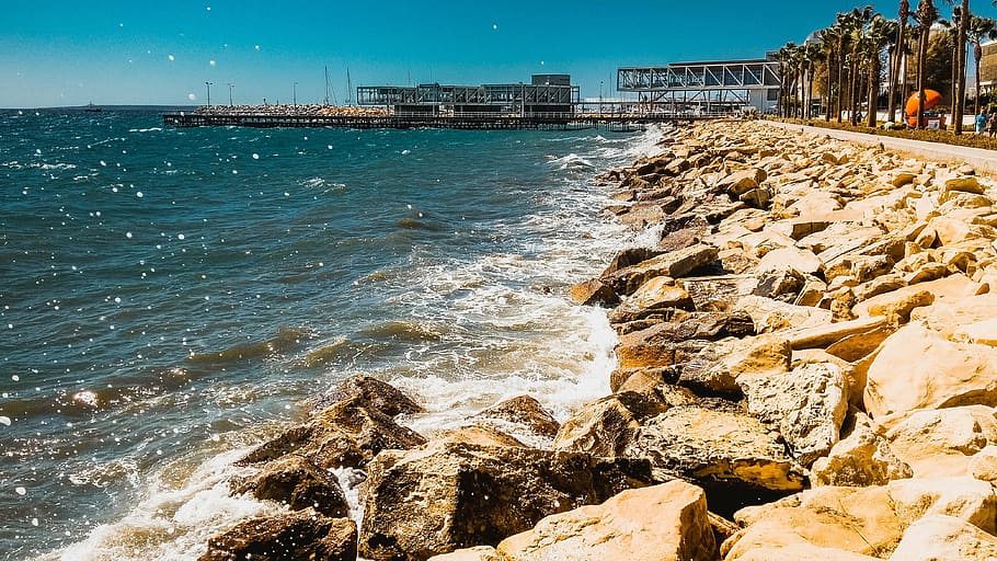 pier, port, waves, harbor, sea, water, rock - object, sky, architecture HD wallpaper