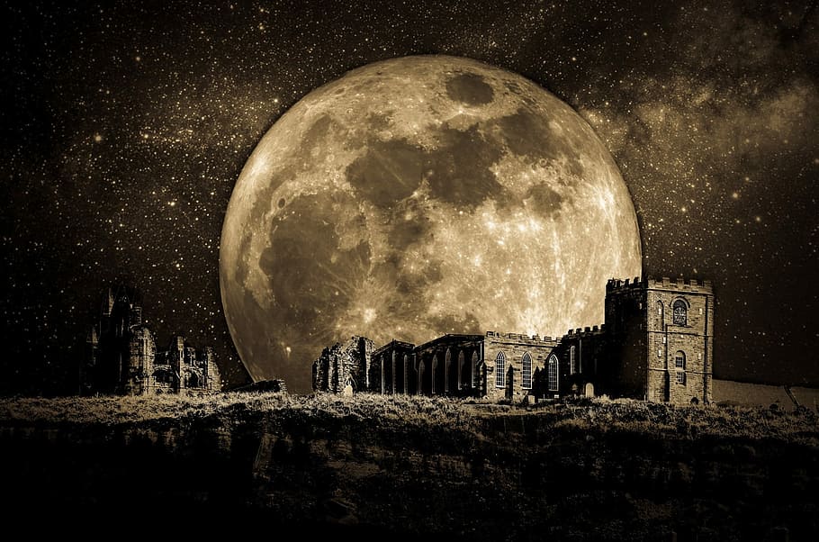 buildings overlooking full moon at nighttime vignette photography HD wallpaper
