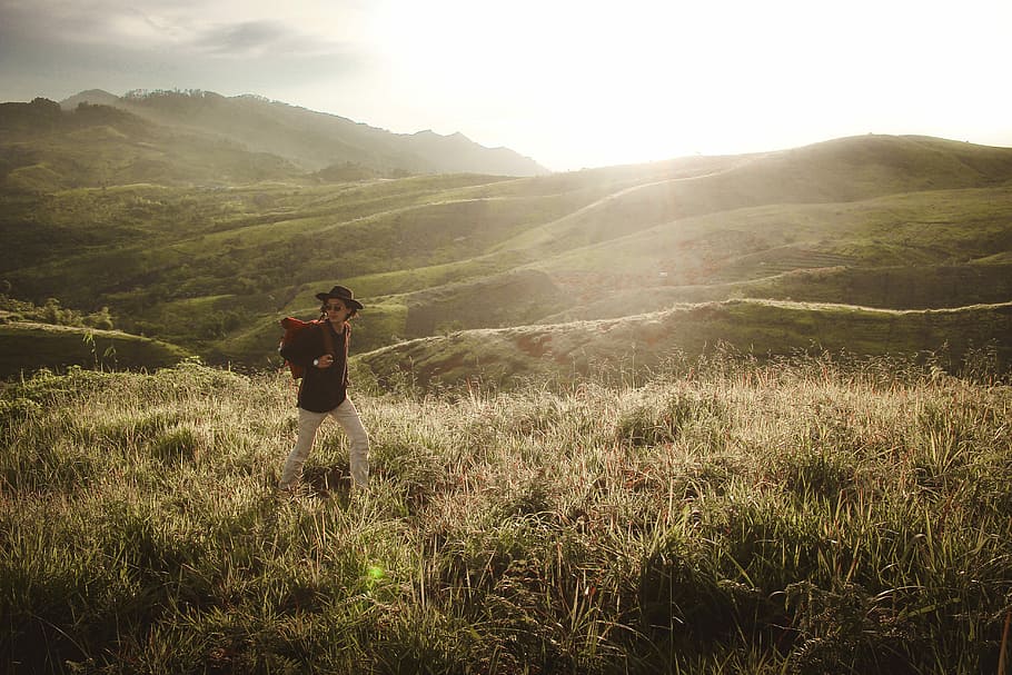 person walking across grassy field, man standing on field during daytime, HD wallpaper