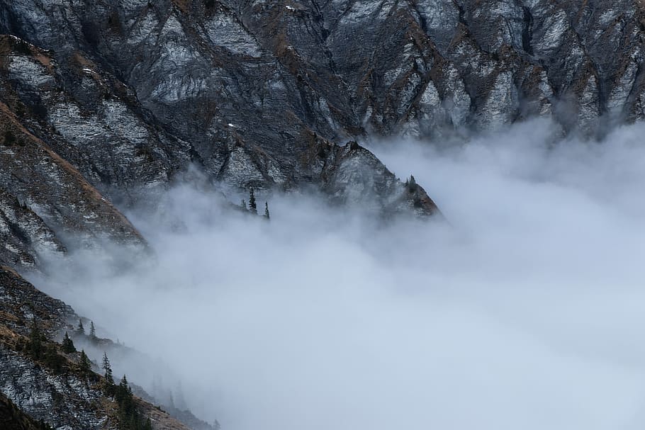 long exposure photography of clouds, gray mountain and white mist HD wallpaper