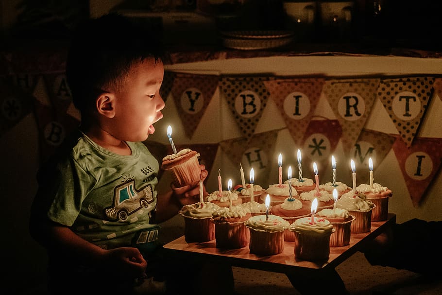 boy holding cupcake blowing the candle, boy holding cup cake, HD wallpaper