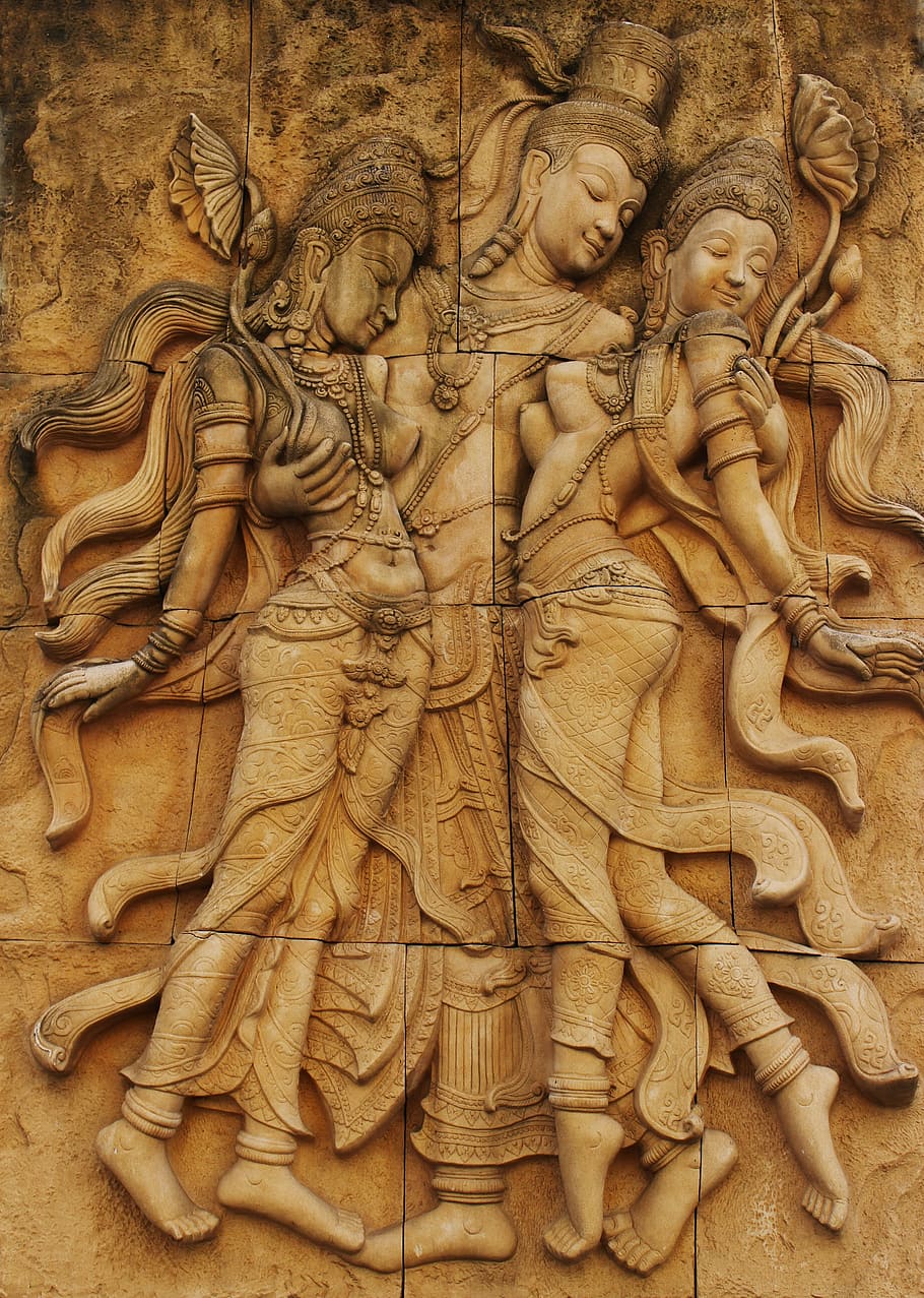 photo of three Hindu deity high relief, wall plaque, buddha, bas-relief