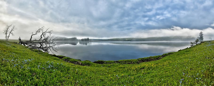 panoramic photography green grass fields near the lake, panoramic landscape, HD wallpaper
