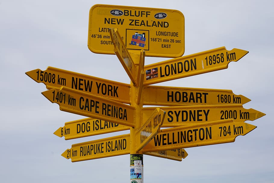 Bluff, New Zealand, Destination, Tourism, landmark, road sign, HD wallpaper