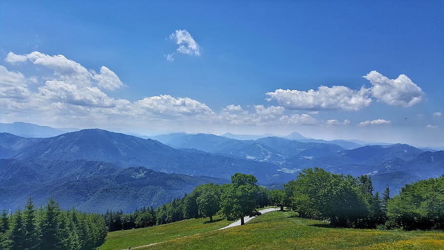 mountains, nature, clouds, plant, sky, tree, environment, beauty in nature HD wallpaper