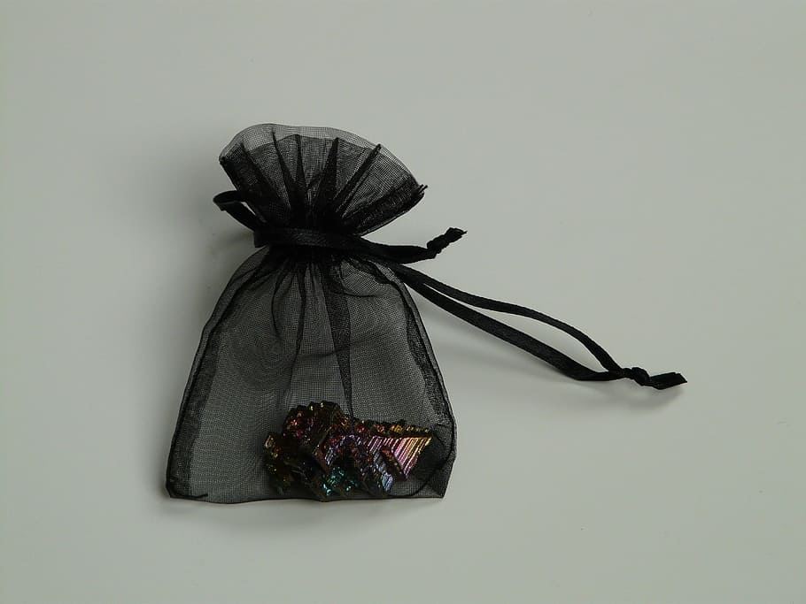 Gem, Mineral, bag, gift bag, black, bismuth, iridescent, studio shot HD wallpaper
